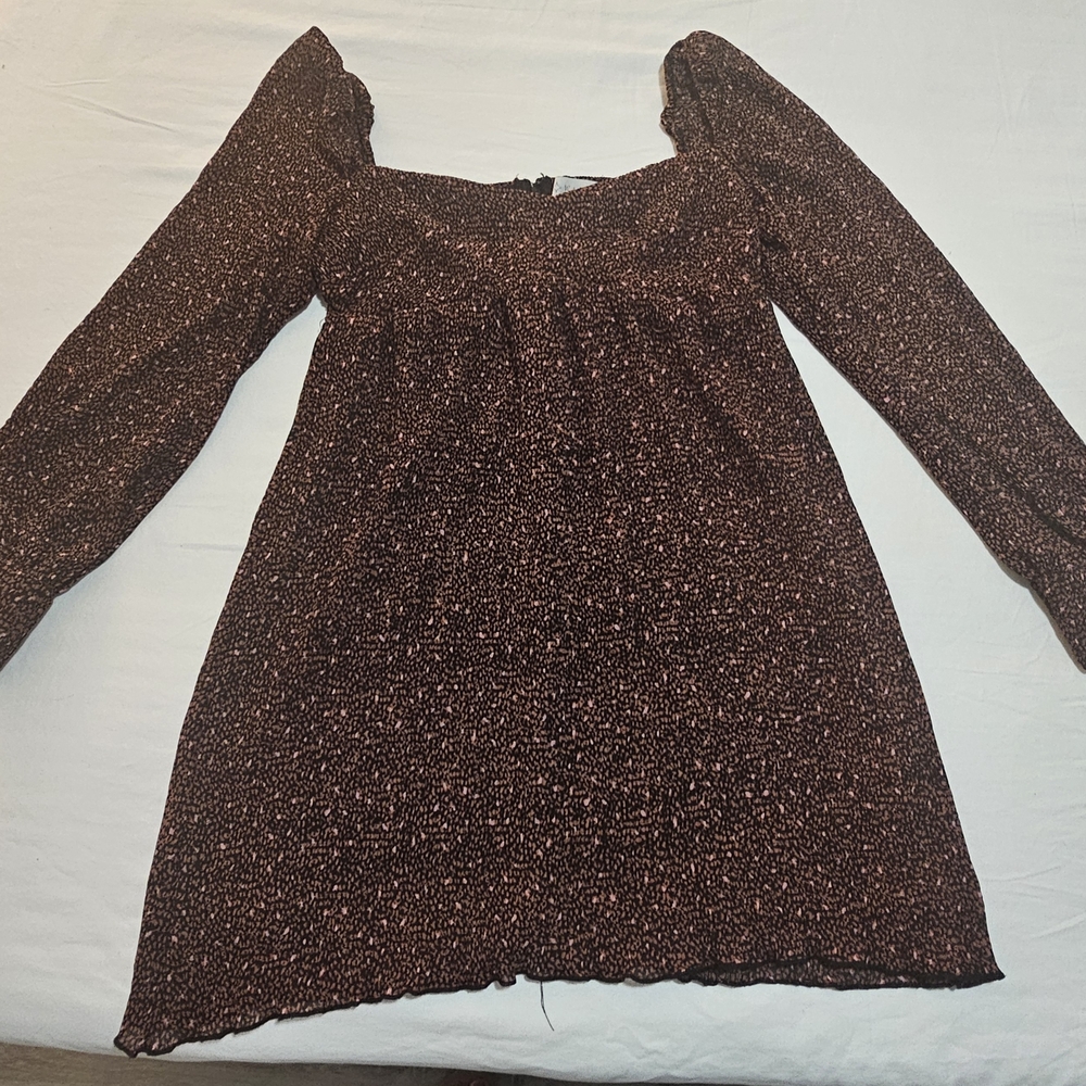 Wayf Brown Smocked Sundress with Bishop Sleeves